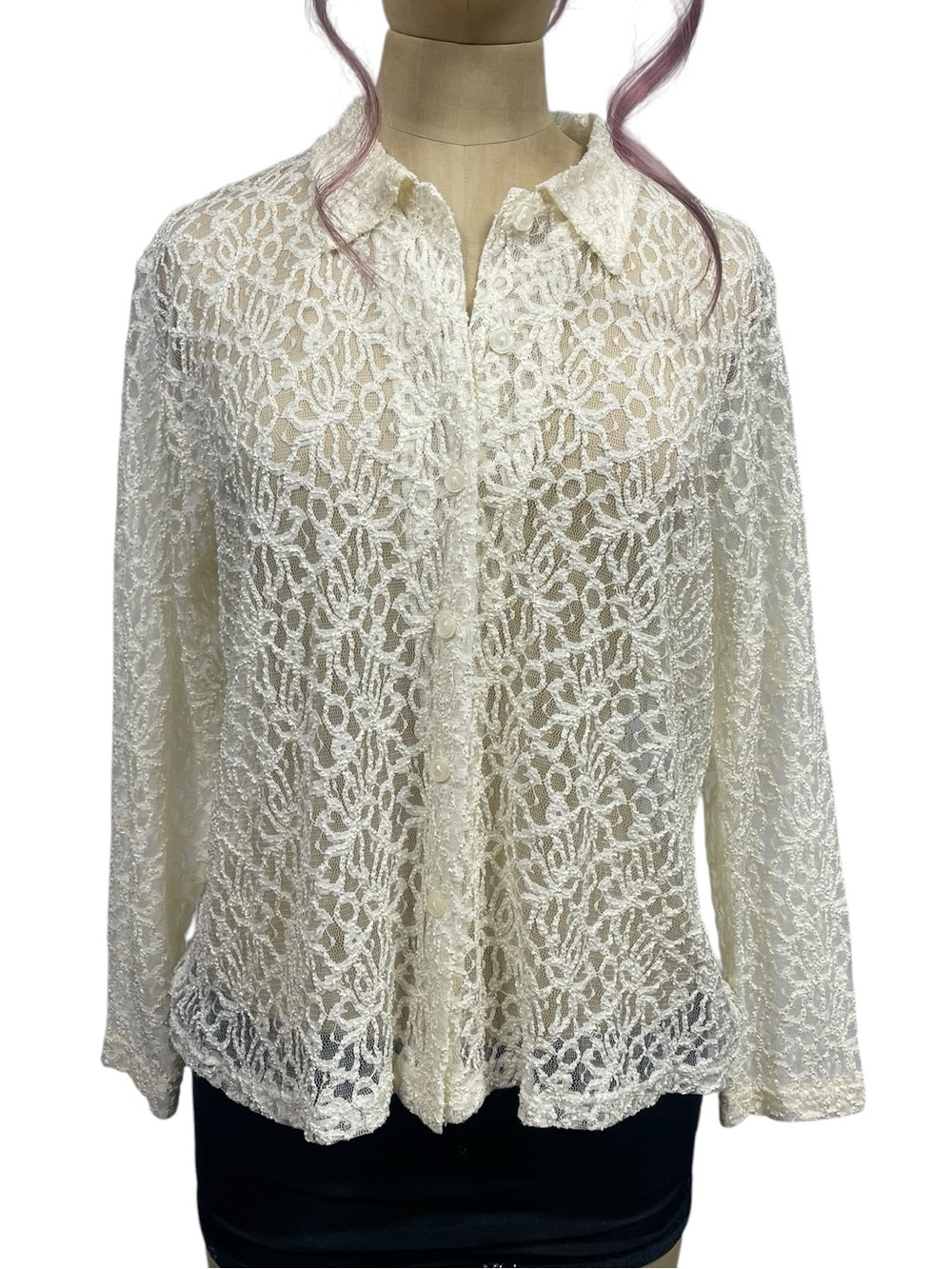 Vintage Impressions Cream Sheer Floral Lace Button-Down Collared Shirt Top